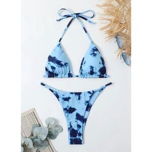 NEW Blue Tie Dye Triangle Top High Cut Cheeky Bikini Size SMALL